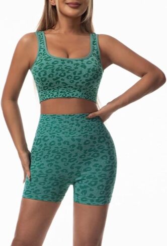 Women's Seamless Print 2 Piece Workout Set, High Waist Tummy Control Shorts & Sports Top Stretchy Gym Yoga Activewear in Saudi Arabia