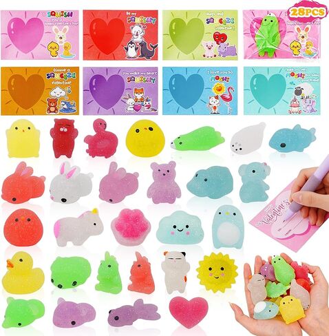 28 Packs Kawaii Mochi Squishy Greeting Cards for Kids School Classroom Valentine's Exchange Party Favors in Saudi Arabia