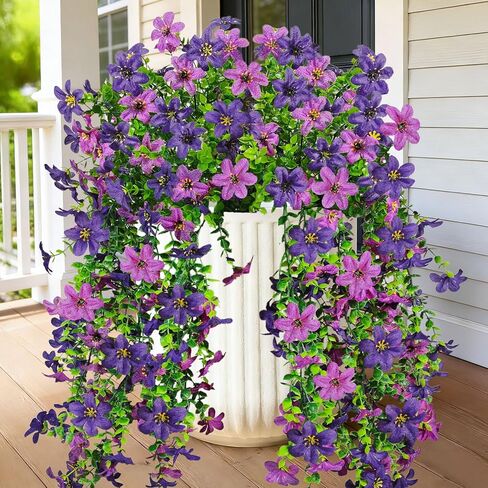 نباتات زهور صناعية معلقة للخارج، قطعتان من زهور الأقحوان الحريرية المزيفة المقاومة للأشعة فوق البنفسجية وزهرة نباتية صناعية لمزارع الشرفة الخارجية وسلة معلقة للشرفة (أرجواني مزدوج) in Kuwait