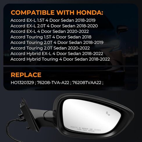 مرآة باب الجانب الأيمن متوافقة مع Honda Accord EXL Hybird Touring 2018-2022 7 دبابيس سوداء استبدال HO1321329 76208-TVA-A22 in Kuwait