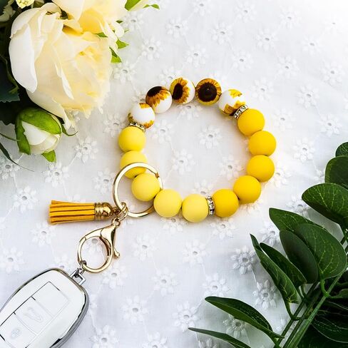 Sunflower Bracelet Gifts for Women Yellow Gifts for Women Sunflower Car Accessories Silicone Beaded Wristlet Keychain Yellow Sunflower Bracelet for Sunflowers Lovers in Kuwait