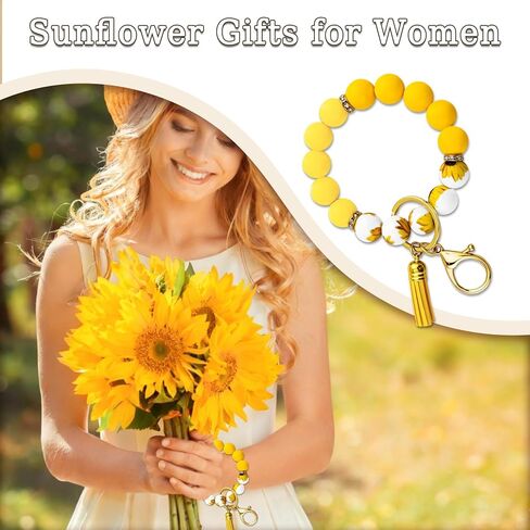 Sunflower Bracelet Gifts for Women Yellow Gifts for Women Sunflower Car Accessories Silicone Beaded Wristlet Keychain Yellow Sunflower Bracelet for Sunflowers Lovers in Kuwait