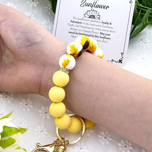 Sunflower Bracelet Gifts for Women Yellow Gifts for Women Sunflower Car Accessories Silicone Beaded Wristlet Keychain Yellow Sunflower Bracelet for Sunflowers Lovers in Kuwait
