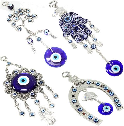 We Pay Your Sales Tax Set of 4 Blue Blue Evil Eye Keychain Key Ring Wall Hanging Amulets Hamsa Hand Unique Keychains Good Luck Gift in Kuwait