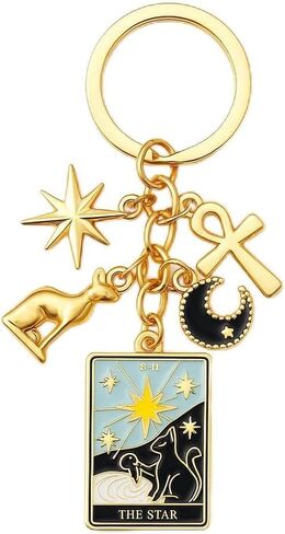سلسلة مفاتيح بطاقة التارو، سحر حقيبة سلاسل المفاتيح النجمة للنساء مع نجمة مشعة وعنخ وقمر وزخارف رمزية عميقة، هدايا سلاسل مفاتيح رائعة للباحثين الروحيين وعشاق التارو in Kuwait