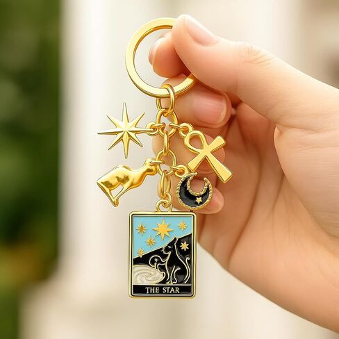 سلسلة مفاتيح بطاقة التارو، سحر حقيبة سلاسل المفاتيح النجمة للنساء مع نجمة مشعة وعنخ وقمر وزخارف رمزية عميقة، هدايا سلاسل مفاتيح رائعة للباحثين الروحيين وعشاق التارو in Kuwait