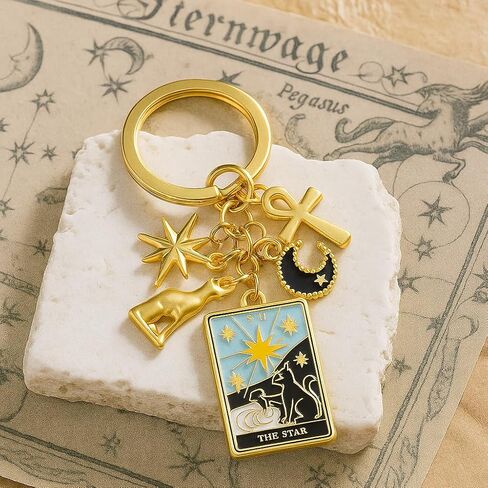 سلسلة مفاتيح بطاقة التارو، سحر حقيبة سلاسل المفاتيح النجمة للنساء مع نجمة مشعة وعنخ وقمر وزخارف رمزية عميقة، هدايا سلاسل مفاتيح رائعة للباحثين الروحيين وعشاق التارو in Kuwait