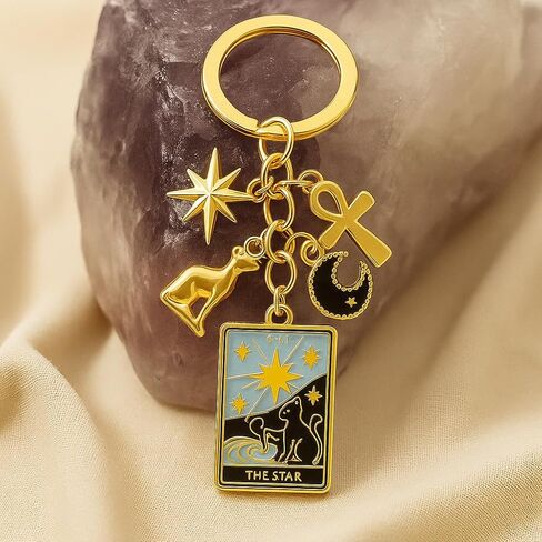 سلسلة مفاتيح بطاقة التارو، سحر حقيبة سلاسل المفاتيح النجمة للنساء مع نجمة مشعة وعنخ وقمر وزخارف رمزية عميقة، هدايا سلاسل مفاتيح رائعة للباحثين الروحيين وعشاق التارو in Kuwait