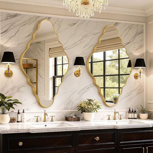 مرآة ذهبية عتيقة صدفية مقاس 91.44 سم × 50.8 سم، مرآة حائط غير منتظمة بتصميم تجريدي، إطار من سبائك الألومنيوم المصقول، مرايا حائط عتيقة مزخرفة للحمام وغرفة النوم وغرفة المعيشة والمدخل in Kuwait