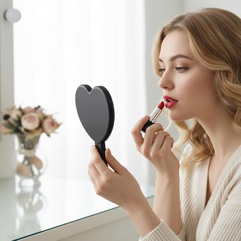 Handheld Heart Mirror, Small Handheld Mirror, Drop-Resistant Hand Mirrors with Handle, Portable Lash Mirrors for Women Valentine's Day Birthday Gift (Black) in Kuwait