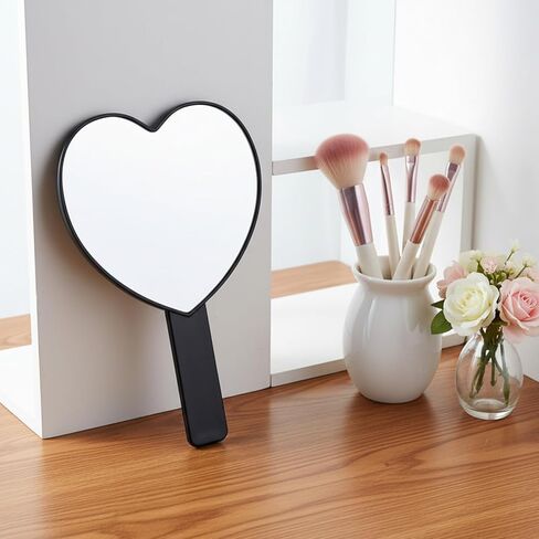 Handheld Heart Mirror, Small Handheld Mirror, Drop-Resistant Hand Mirrors with Handle, Portable Lash Mirrors for Women Valentine's Day Birthday Gift (Black) in Kuwait
