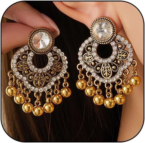 Indian Chandelier Earrings for Women Boho Ball Tassel Chandelier Crystal Beaded Dangle Drop Statement Stud Earrings Vintage Indian Jewelry in Kuwait