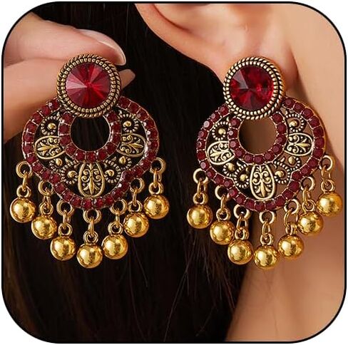 Indian Chandelier Earrings for Women Boho Ball Tassel Chandelier Crystal Beaded Dangle Drop Statement Stud Earrings Vintage Indian Jewelry in Saudi Arabia