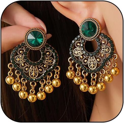 Indian Chandelier Earrings for Women Boho Ball Tassel Chandelier Crystal Beaded Dangle Drop Statement Stud Earrings Vintage Indian Jewelry in Saudi Arabia
