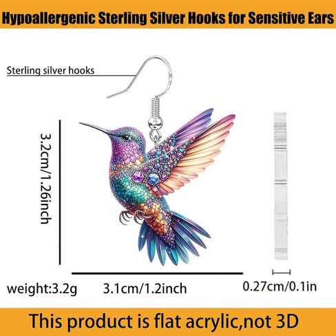 Hummingbird Earrings, Sterling Silver Bird Earrings for Women Sensitive Ears Hypoallergenic, Acrylic Novelty Fun Colorful Blue Cute Humming Bird Trendy Jewelry in Saudi Arabia