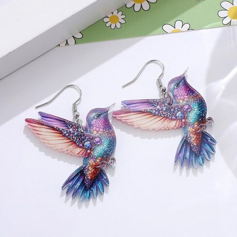 Hummingbird Earrings, Sterling Silver Bird Earrings for Women Sensitive Ears Hypoallergenic, Acrylic Novelty Fun Colorful Blue Cute Humming Bird Trendy Jewelry in Saudi Arabia