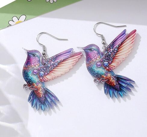Hummingbird Earrings, Sterling Silver Bird Earrings for Women Sensitive Ears Hypoallergenic, Acrylic Novelty Fun Colorful Blue Cute Humming Bird Trendy Jewelry in Saudi Arabia