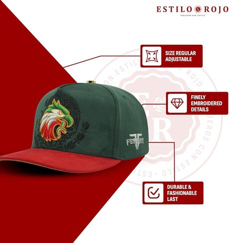 FT176 - قبعات - Gorra - أصلية - Sombrero - Snapback - مقاس ممتاز قابل للتعديل - تصميم النسر المكسيكي المطرز - جلد سويدي مكسيكي - أخضر وأحمر in Kuwait