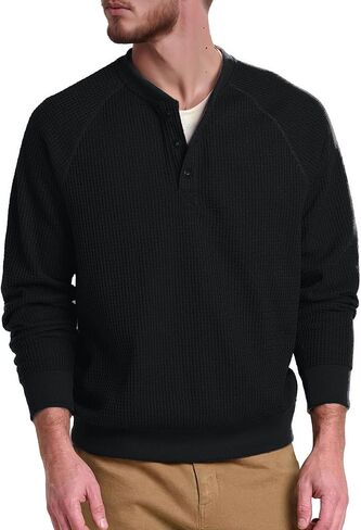 QIVICIMA Raglan Long Sleeve Waffle Henley Shirts for Men Textured Cotton Pullover Knit Tee with Button Neckline in Kuwait