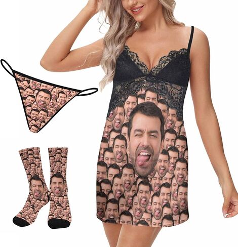 Artsadd Custom Face Nightgown for Women Personalized V-neck Lace Chemise Sleepwear Sleep Dress Gifts for Her in Kuwait