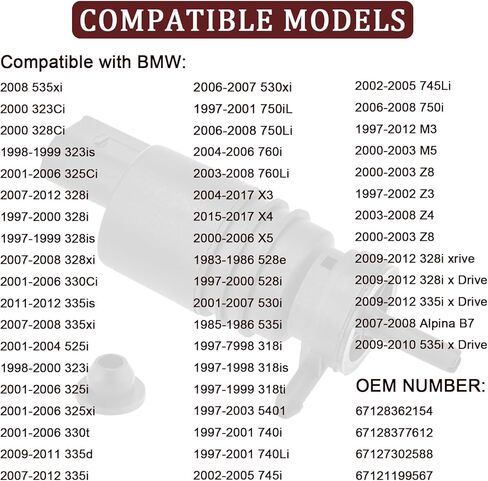 Windshield Washer Pump with Grommet Replace #67128362154,Windshield Washer Fluid Pump Replacement,Compatible with BMW E36,E46,E53,E86 in Kuwait