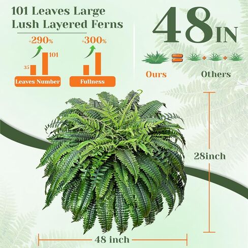 2 Pcs 48 Inch Fake Ferns, Look Real 101 Leaves Artificial Boston Ferns for Outdoors Large, Lush UV Resistant Faux Ferns for Outdoor Planter Large, Outdoor Faux Plants for Porch Patio Home Decor in Kuwait