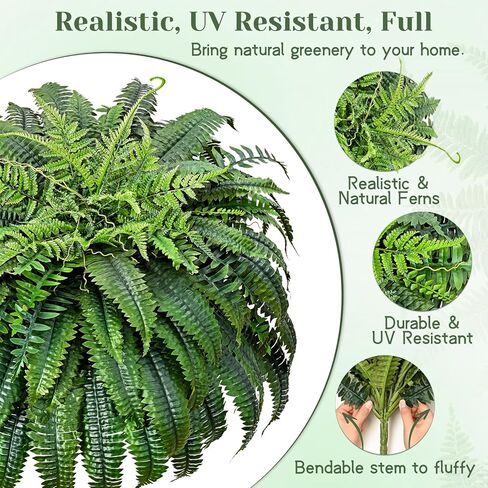 2 Pcs 48 Inch Fake Ferns, Look Real 101 Leaves Artificial Boston Ferns for Outdoors Large, Lush UV Resistant Faux Ferns for Outdoor Planter Large, Outdoor Faux Plants for Porch Patio Home Decor in Kuwait
