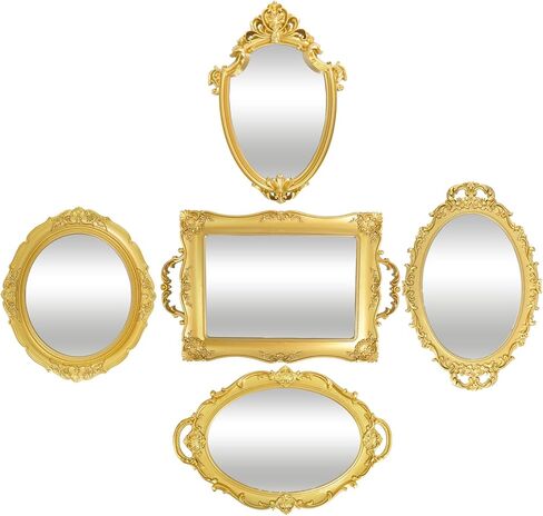 5 Pcs Vintage Gold Mirror Set Jewelry Dresser Organizer Tray Including Antique Shield Shape Square Decorative Small Oval Wall Decorative Mirror for Wedding Bedroom Victorian Decor(Gold) in Kuwait