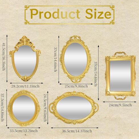 5 Pcs Vintage Gold Mirror Set Jewelry Dresser Organizer Tray Including Antique Shield Shape Square Decorative Small Oval Wall Decorative Mirror for Wedding Bedroom Victorian Decor(Gold) in Kuwait