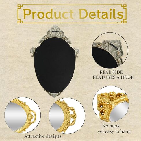 5 Pcs Vintage Gold Mirror Set Jewelry Dresser Organizer Tray Including Antique Shield Shape Square Decorative Small Oval Wall Decorative Mirror for Wedding Bedroom Victorian Decor(Gold) in Kuwait