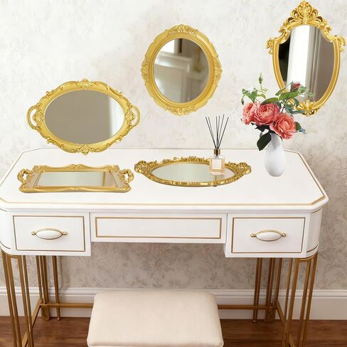 5 Pcs Vintage Gold Mirror Set Jewelry Dresser Organizer Tray Including Antique Shield Shape Square Decorative Small Oval Wall Decorative Mirror for Wedding Bedroom Victorian Decor(Gold) in Kuwait