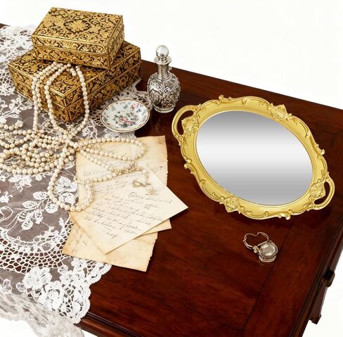 5 Pcs Vintage Gold Mirror Set Jewelry Dresser Organizer Tray Including Antique Shield Shape Square Decorative Small Oval Wall Decorative Mirror for Wedding Bedroom Victorian Decor(Gold) in Kuwait