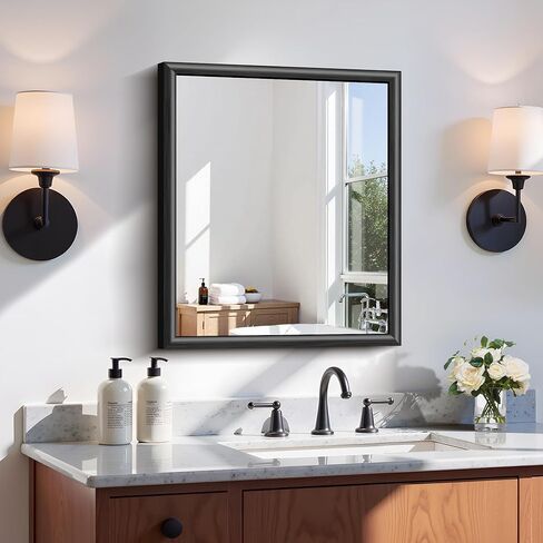 مرآة حمام سوداء، مرآة حائط سوداء مقاس 20 × 24 بوصة مع إطار من الألومنيوم المرتفع، زجاج مقسى مقاوم للكسر، مرآة زينة حديثة فوق الحوض وغرفة النوم وغرفة المعيشة والمدخل in Kuwait