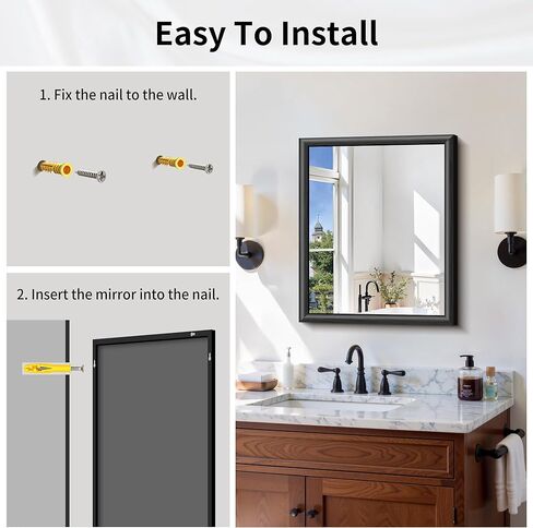 مرآة حمام سوداء، مرآة حائط سوداء مقاس 20 × 24 بوصة مع إطار من الألومنيوم المرتفع، زجاج مقسى مقاوم للكسر، مرآة زينة حديثة فوق الحوض وغرفة النوم وغرفة المعيشة والمدخل in Kuwait