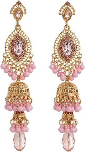 أقراط Jhumkas الهندية للنساء مكعب زركونيا عتيقة عرقية بوهيمية مجوفة مستديرة أجراس طويلة شرابة متدلية قطرة ثريا حلق بوليوود مجوهرات بوهو غجرية Jhumki Diwali التقليدية in Saudi Arabia