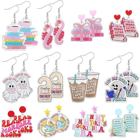 Nosiny 12 Pairs Glitter Acrylic Book Earrings for Book Lover Women Funny Reading Ghost Coffee Silly Goose Drop Dangle Earring Bookish Jewelry Accessories Supply for Bookworm Reading Lover Teacher Gift in Saudi Arabia