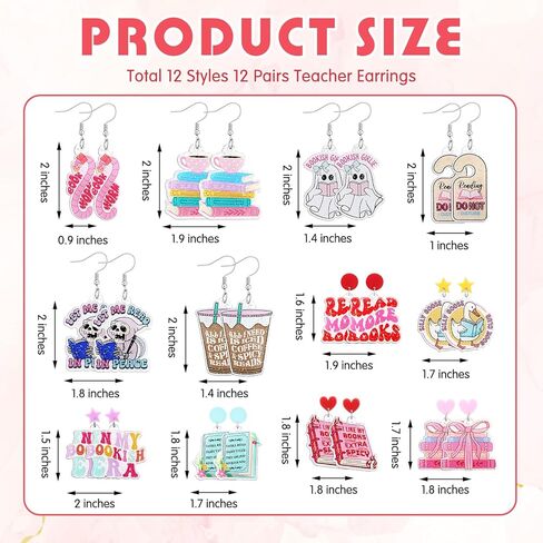 Nosiny 12 Pairs Glitter Acrylic Book Earrings for Book Lover Women Funny Reading Ghost Coffee Silly Goose Drop Dangle Earring Bookish Jewelry Accessories Supply for Bookworm Reading Lover Teacher Gift in Saudi Arabia