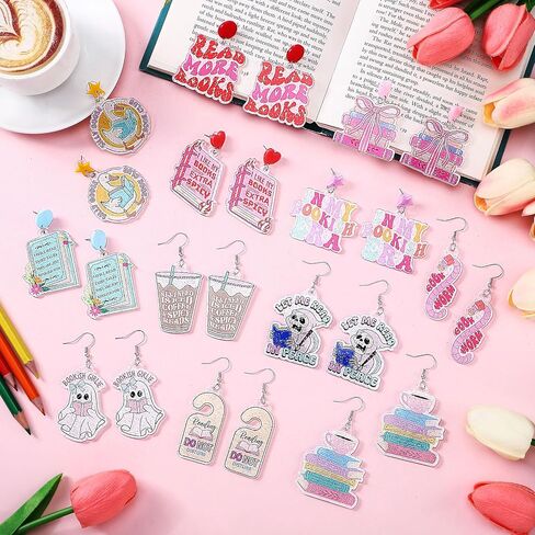 Nosiny 12 Pairs Glitter Acrylic Book Earrings for Book Lover Women Funny Reading Ghost Coffee Silly Goose Drop Dangle Earring Bookish Jewelry Accessories Supply for Bookworm Reading Lover Teacher Gift in Saudi Arabia