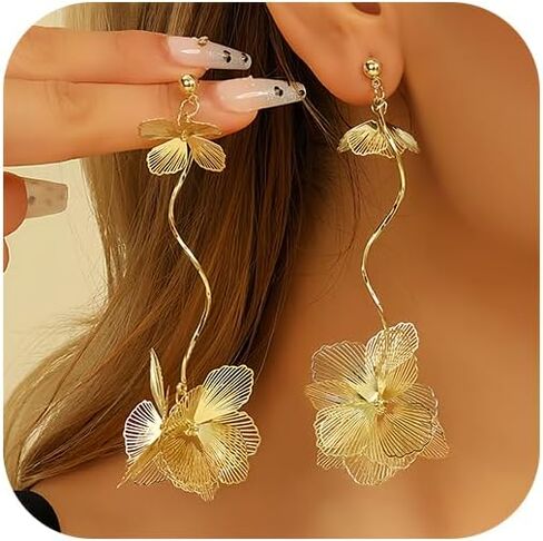 Long Gold Filigree Flower Earrings for Women Dangling Bohemian Layered Floral Statement Tassel Earring Trendy Boho Ginkgo Biloba Leaf Petal Jewelry in Saudi Arabia
