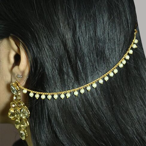 LoveNspire Indian Traditional Ear Chains for Women - Indian Jewellery for Earring Support Long Gold Tone Earring Chain Ear to Hair Chain Jewelry Faux Pearl Hair Accessory - Bridal Jewelry for Wedding in Kuwait