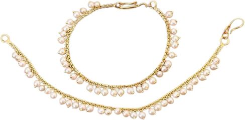 LoveNspire Indian Traditional Ear Chains for Women - Indian Jewellery for Earring Support Long Gold Tone Earring Chain Ear to Hair Chain Jewelry Faux Pearl Hair Accessory - Bridal Jewelry for Wedding in Kuwait