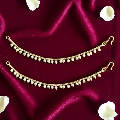 LoveNspire Indian Traditional Ear Chains for Women - Indian Jewellery for Earring Support Long Gold Tone Earring Chain Ear to Hair Chain Jewelry Faux Pearl Hair Accessory - Bridal Jewelry for Wedding in Kuwait