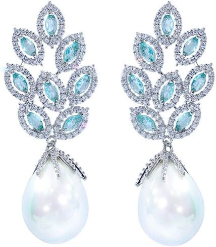 Gorgeous Green Cubic Zirconia Crystal Big Leaf Shape Dangle Pearl Drop Long Earrings For Women Bridal Wedding Party Jewelry in Saudi Arabia