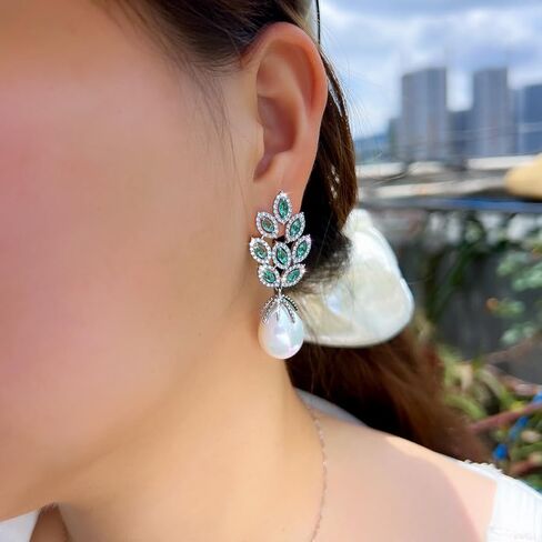 Gorgeous Green Cubic Zirconia Crystal Big Leaf Shape Dangle Pearl Drop Long Earrings For Women Bridal Wedding Party Jewelry in Saudi Arabia