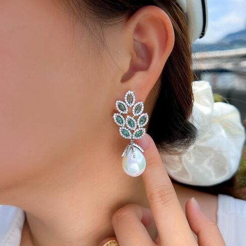 Gorgeous Green Cubic Zirconia Crystal Big Leaf Shape Dangle Pearl Drop Long Earrings For Women Bridal Wedding Party Jewelry in Saudi Arabia
