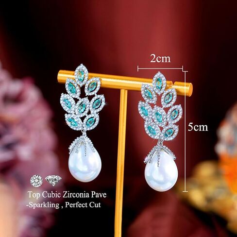 Gorgeous Green Cubic Zirconia Crystal Big Leaf Shape Dangle Pearl Drop Long Earrings For Women Bridal Wedding Party Jewelry in Saudi Arabia