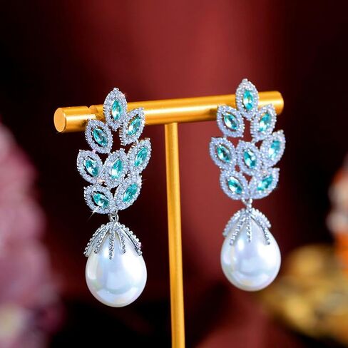 Gorgeous Green Cubic Zirconia Crystal Big Leaf Shape Dangle Pearl Drop Long Earrings For Women Bridal Wedding Party Jewelry in Saudi Arabia