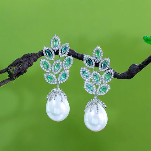 Gorgeous Green Cubic Zirconia Crystal Big Leaf Shape Dangle Pearl Drop Long Earrings For Women Bridal Wedding Party Jewelry in Saudi Arabia