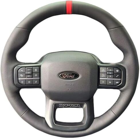 غطاء عجلة قيادة السيارة الداخلية من الجلد المثقوب باللون الأسود مخيط يدويًا، جلد من الألياف فائق النعومة مضاد للانزلاق وجيد التهوية، لسيارة Ford F-150 (Raptor) 2021-2024 / F-150 Lightning 2022-2023 in Kuwait