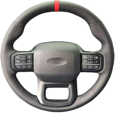 غطاء عجلة قيادة السيارة الداخلية من الجلد المثقوب باللون الأسود مخيط يدويًا، جلد من الألياف فائق النعومة مضاد للانزلاق وجيد التهوية، لسيارة Ford F-150 (Raptor) 2021-2024 / F-150 Lightning 2022-2023 in Kuwait